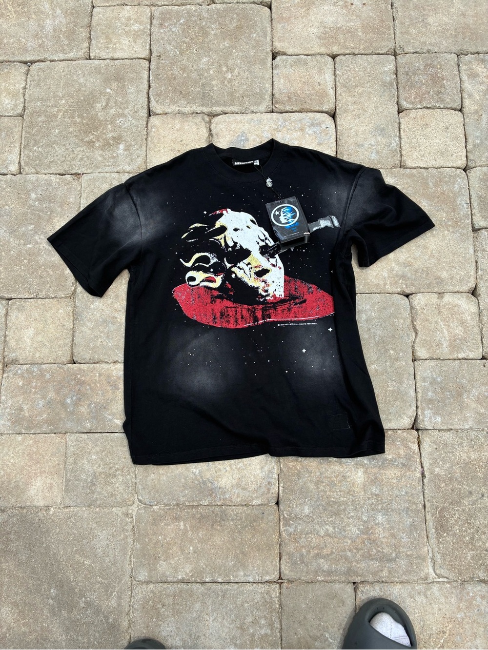 Black Graphic Crewneck T-Shirt with Red Accent